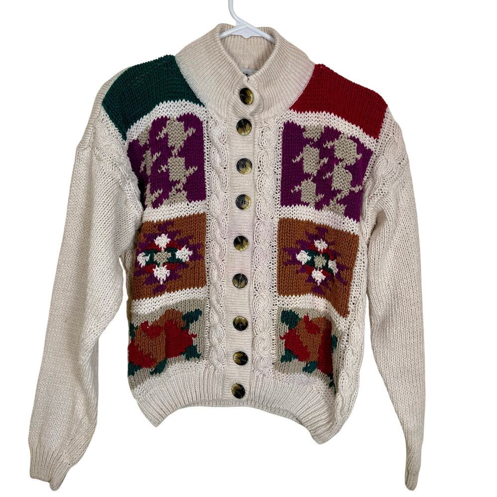 Vintage 90's Cardigan Chunky Knit Patchwork Pattern Cottagecore Artsy Small GUC